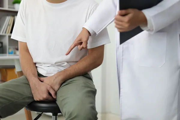 A men’s health doctor diagnosing a patient with a sexual health condition